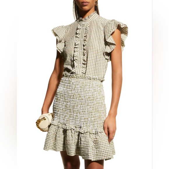 Veronica Beard Aloya Smocked Seersucker Ruffle Skirt Olive White Sz XL NWT